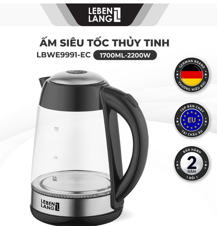 Ấm siêu tốc bình siêu tốc thủy tinh lebenlang lbwe9991-ec 1.7 lít, công suất 2200w, bảo hành 2 năm - hàng chính hãng