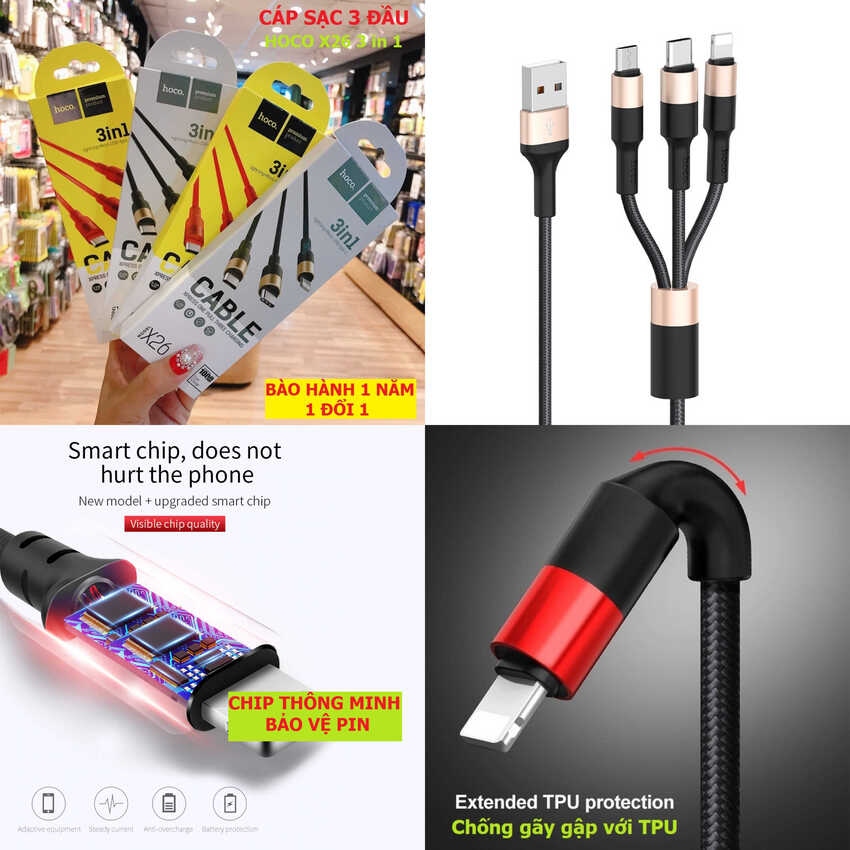 Dây sạc đa năng 3 đầu cho điện thoại loại tốt hàng chính hãng hoco x26 3in1, chiều dài 1m – cáp sạc đa năng bọc dù chống xoắn đứt - cáp sạc nhanh