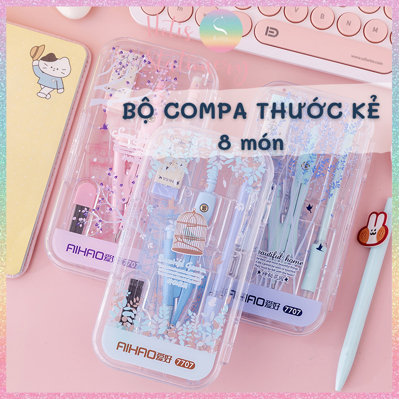 Bộ compa thước kẻ 8 món màu pastel cực xinh