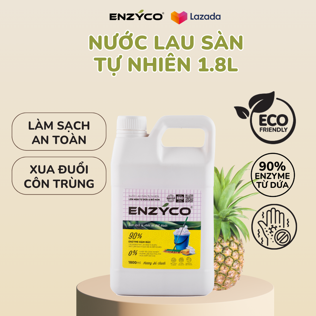Nước lau sàn sinh học ENZYCO can 1.8L - 90% Enzyme từ dứa thân thiện môi trường, 0% chất tẩy công nghiệp, hương liệu tạo màu, mùi, hóa chất độc hại - Hương sả chanh