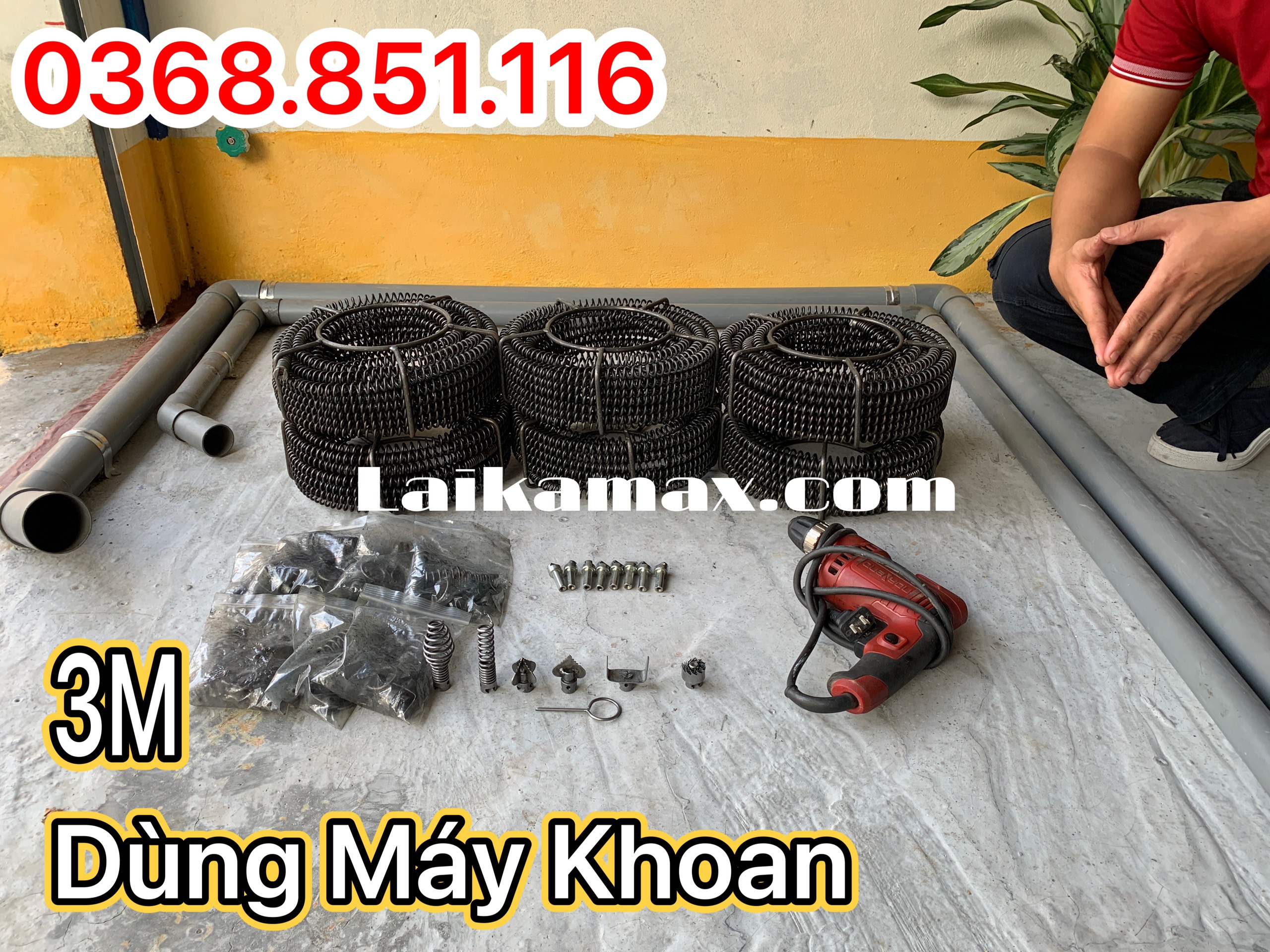 Dây thông tắc cống lò xo dùng máy khoan dài 3m + 6 đầu thông + kết nối máy khoan