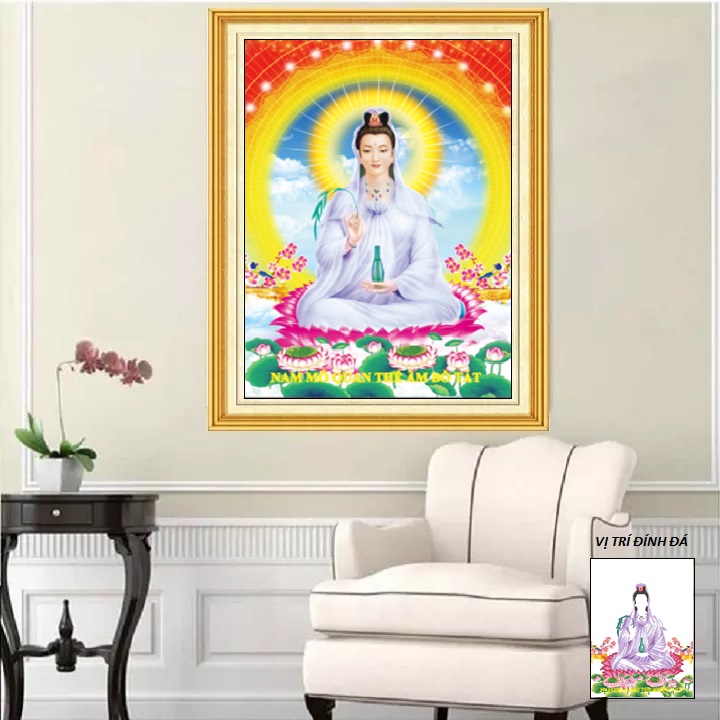 Tranh đính đá Phật LV092 Kích thước 50*65cm, Tranh đính đá Phật quan âm, Tranh gắn đá Phật, Tranh đính đá quan âm bồ tát, Tranh đính đá Phật bà