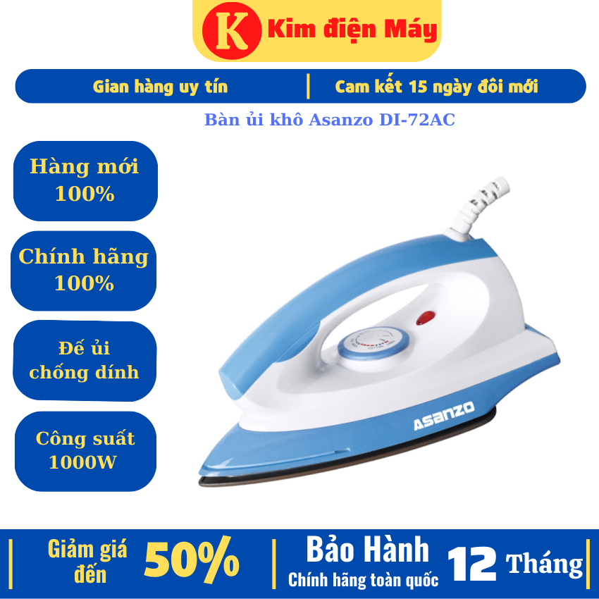 Bàn ủi khô Asanzo DI-72AC-bàn ủi chống dính 1000W nóng nhanh tiết kiệm điện-bảo hành 12 tháng toàn quốc