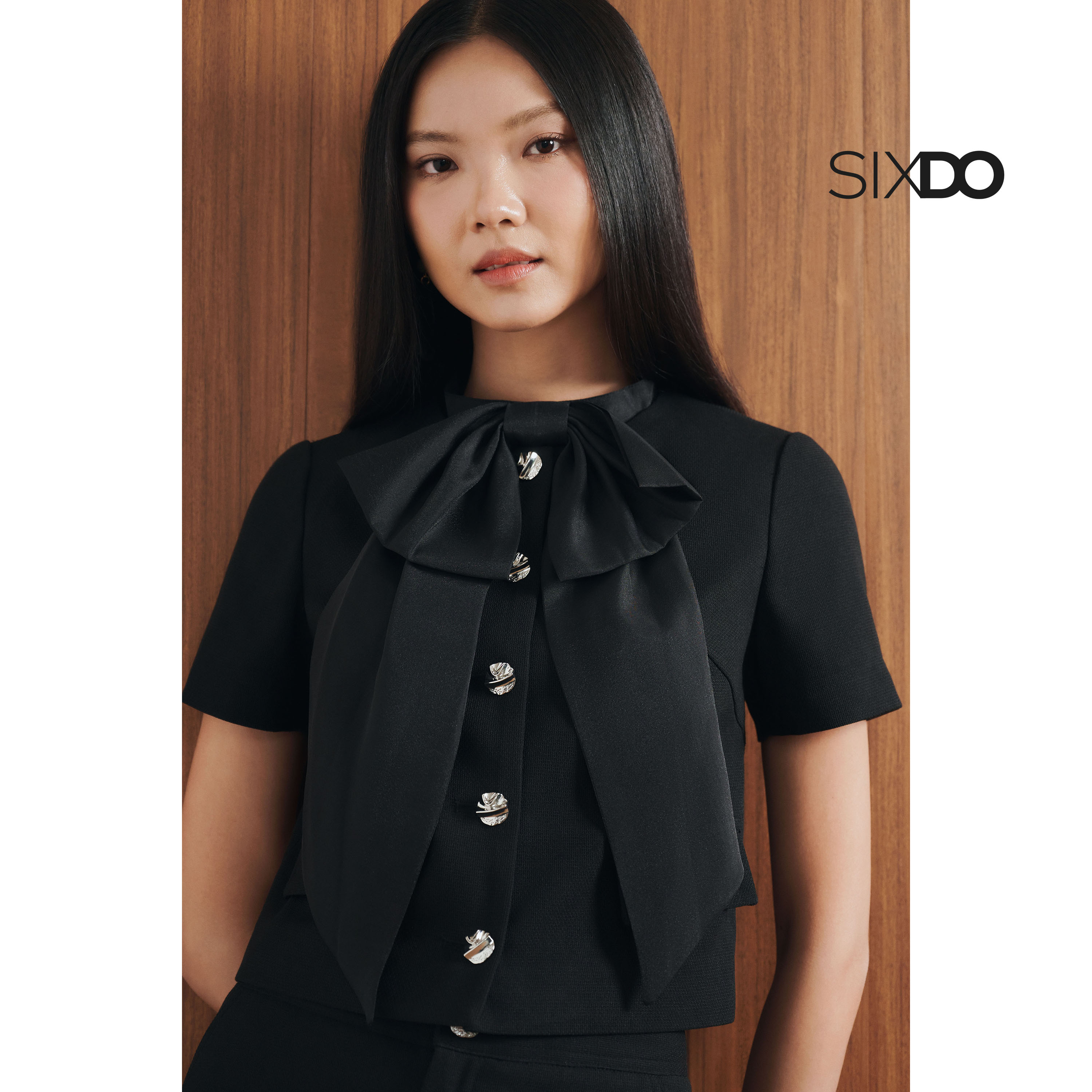  Áo vest nữ dáng ngắn tạo kiểu nơ cổ SIXDO  Black Bowtie Raw Vest  