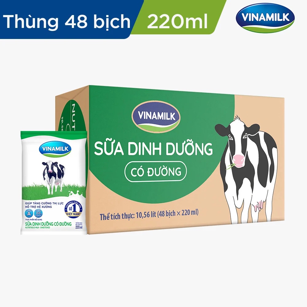 Thùng 48 bịch sữa tươi vinamilk có đường - 220ml