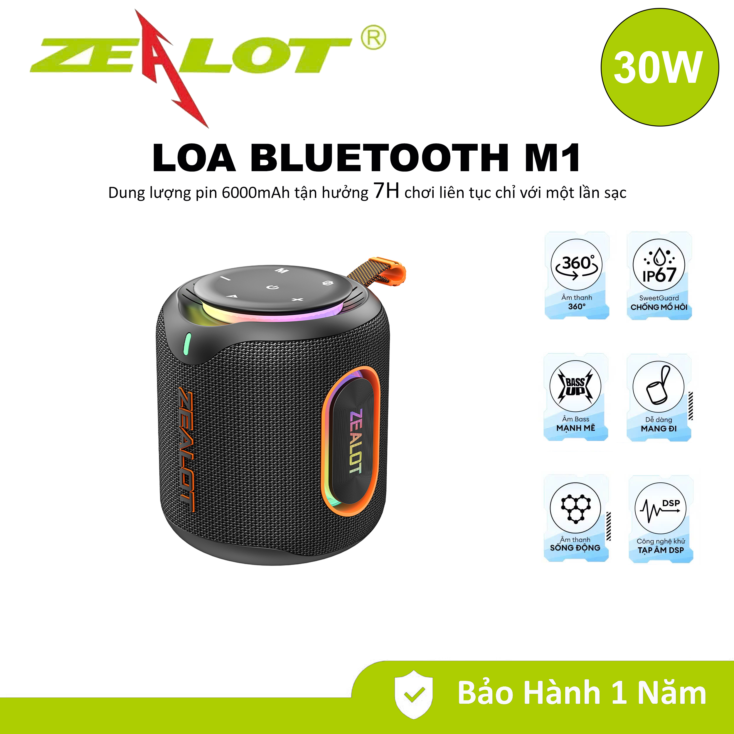Loa bluetooth di động ngoài trời Zealot M1 Mini chuyên nghiệp công suất 30W, loa siêu trầm di động, đèn LED không dây, âm thanh Hifi - Hàng chính hãng