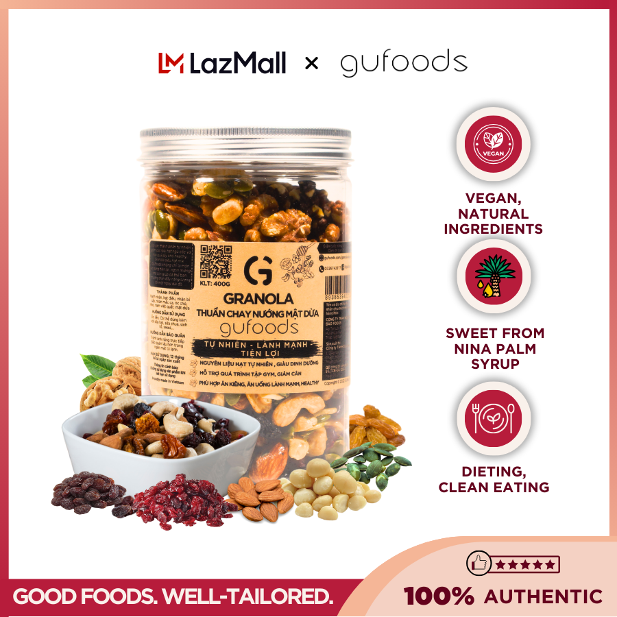 GUfoods vegan granola coated with nipa palm syrup (0% oats; Mixture of macadamia nuts, cranberries, almonds, cashews, raisins) - Nutritious, Convenient, Delicious, Rich in health benefits