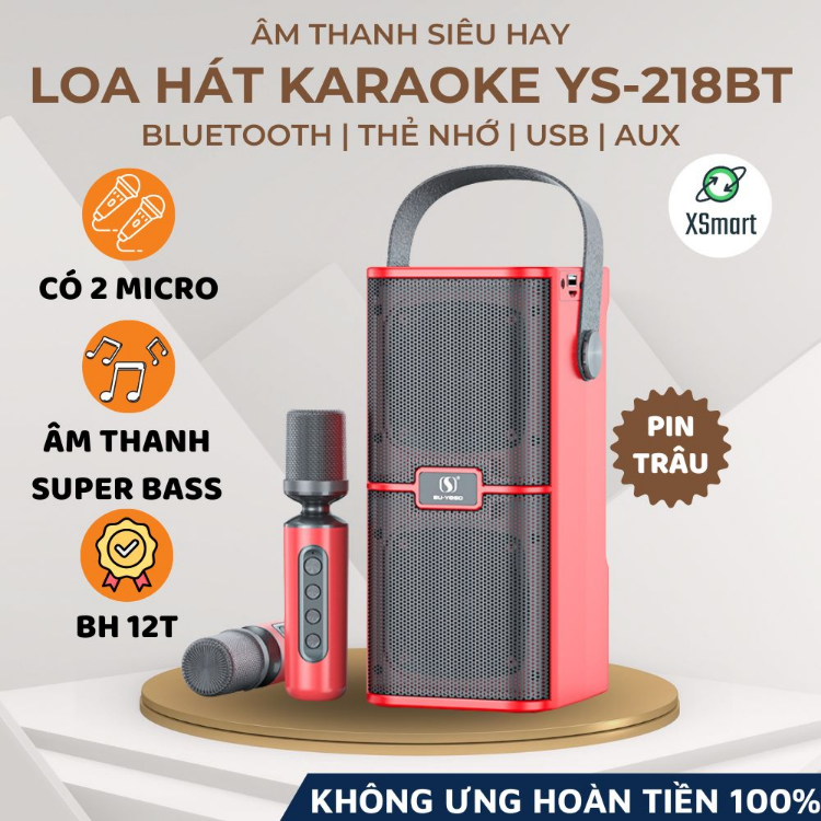 Loa Bluetooth Hát Karaoke Hay-Loa bluetooth karaoke mini YS 218 Kèm 2 Micro thiết kế nhỏ gọn độc đáo âm thanh hay trầm ấm pin trâu-Loa Karaoke Bluetooth SU YOSD YS-218 kèm 2 micro không dây, CS 20W, Nhỏ gọn