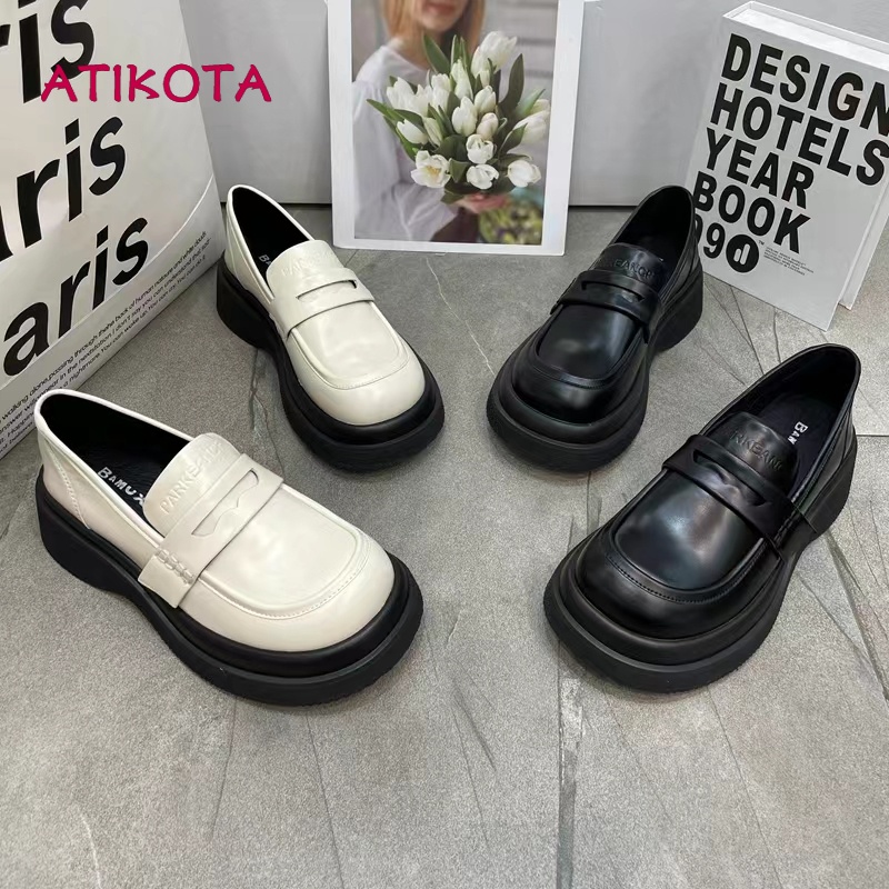 Atikota giày da mũi tròn đế dày thoải mái phong cách retro cho nữ