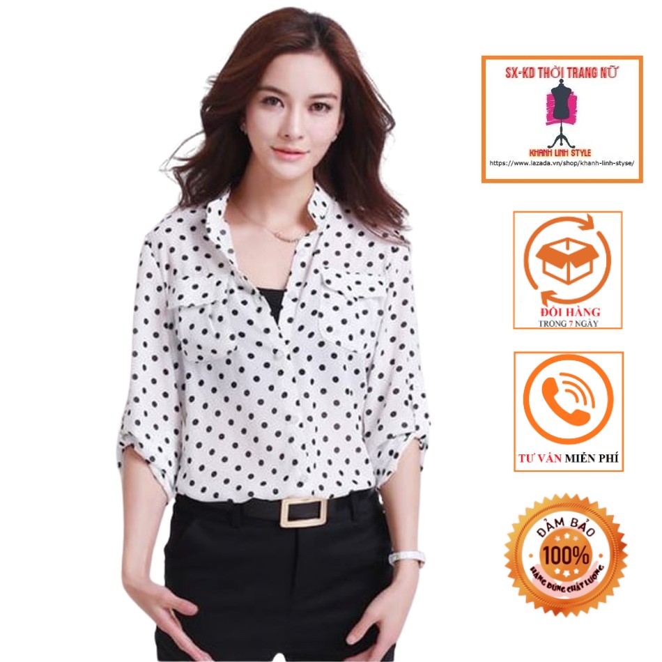 Sơ mi chấm bi phối túi cá tính - ao005