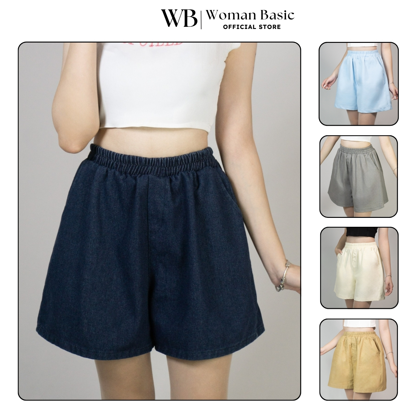 Quần short jean nữ WOMAN BASIC bigsize lưng chun co giãn ống rộng có túi, Quần đùi nữ vải jean cao cấp cạp cao tôn dáng trẻ trung năng động SH25