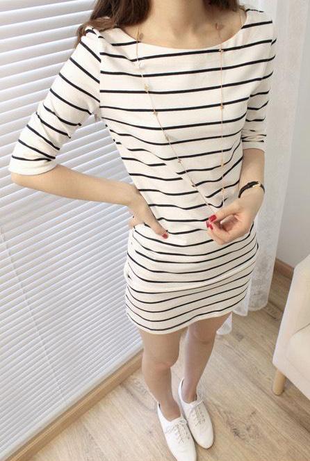 Đầm sọc ngang cổ tròn tay dài quảng châu - khả hân shop