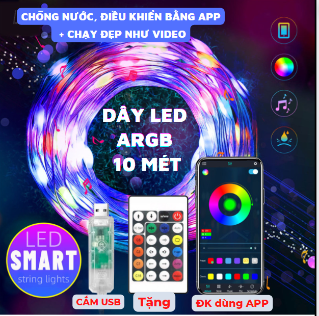10m dây led nháy đuổi, dây đèn led, dây đèn led đuổi argb 16 triệu màu, , điều khiển bằng điện thoại, led 5050 ip65 cao cấp