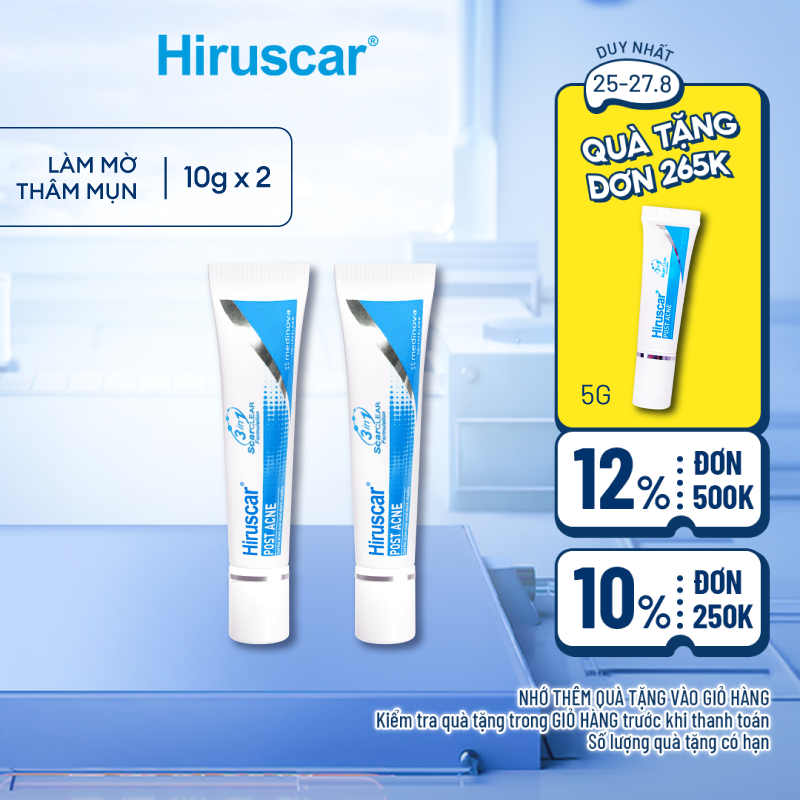 Bộ 2 gel chăm sóc sẹo mụn và mụn thâm Hiruscar Post Acne 10g