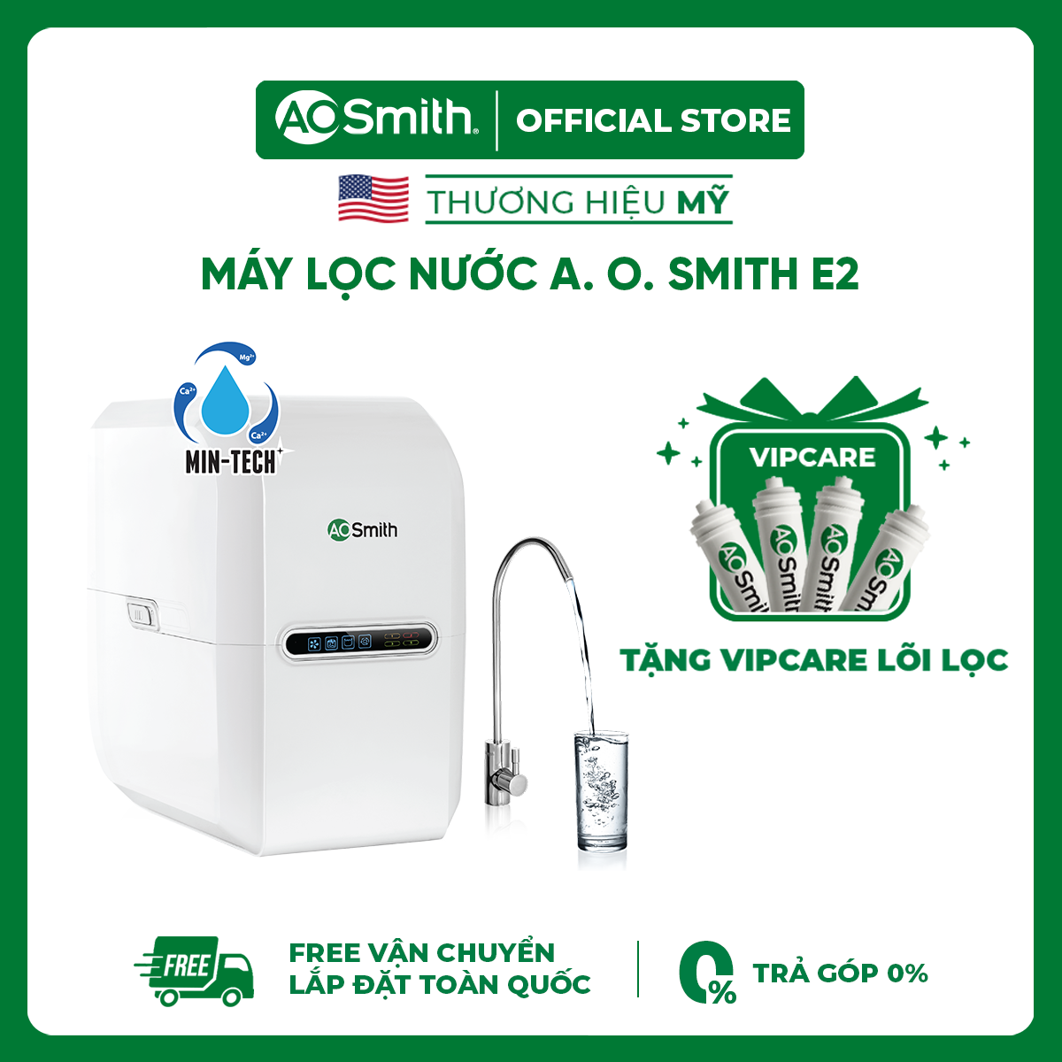 [Trả góp 0%]Máy lọc nước A. O. Smith E2 - Tặng Gói Thay Thế Lõi Lọc - RO Side Stream Bản Quyền Mỹ - Có Lõi Lọc Bù Khoáng - Bảo Hành 12 Tháng - Free Shipping