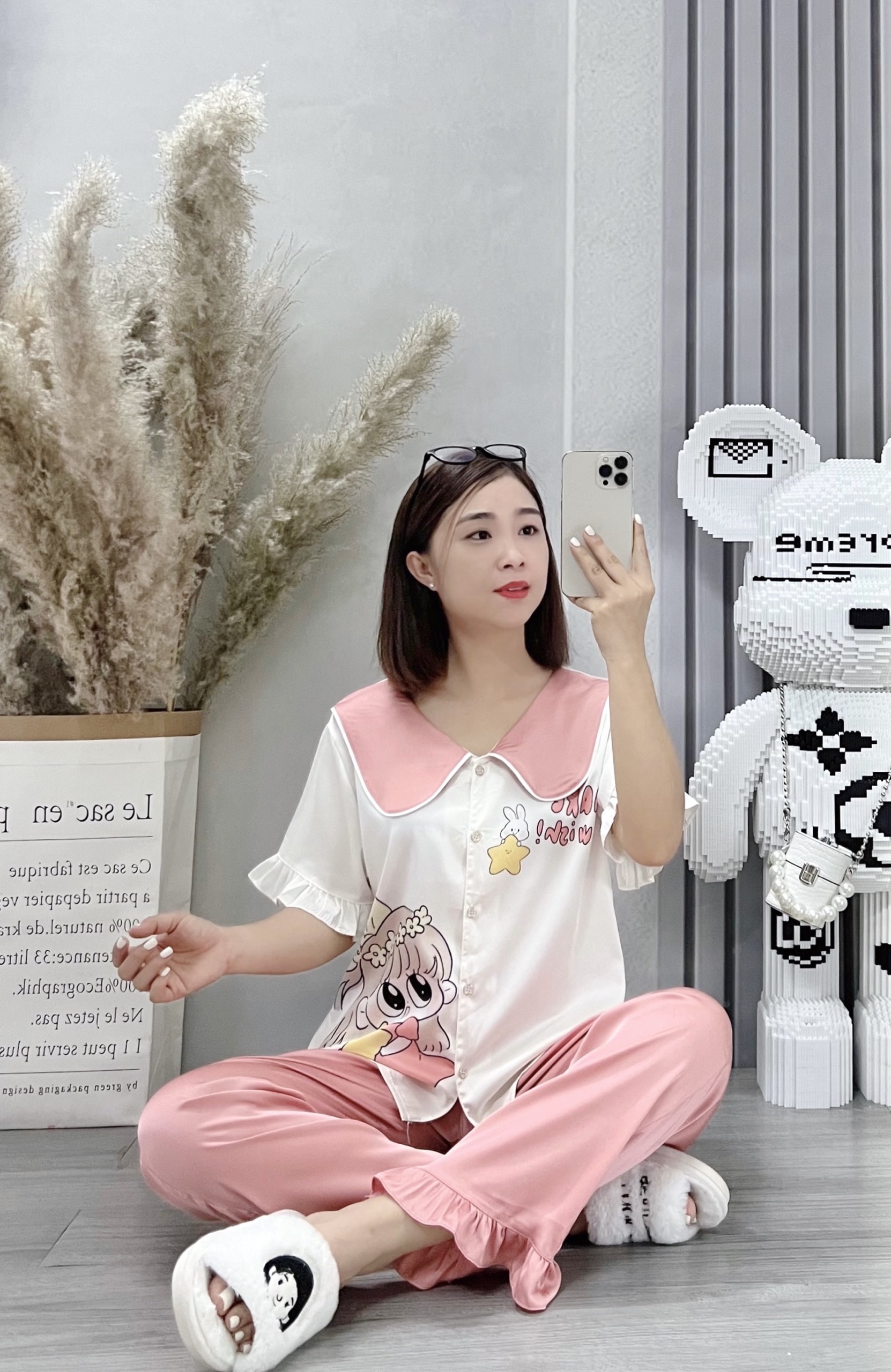 Đồ bộ mặc nhà pijama cổ bèo tiểu thư lụa latin tay ngắn quần dài GIA MỸ A12