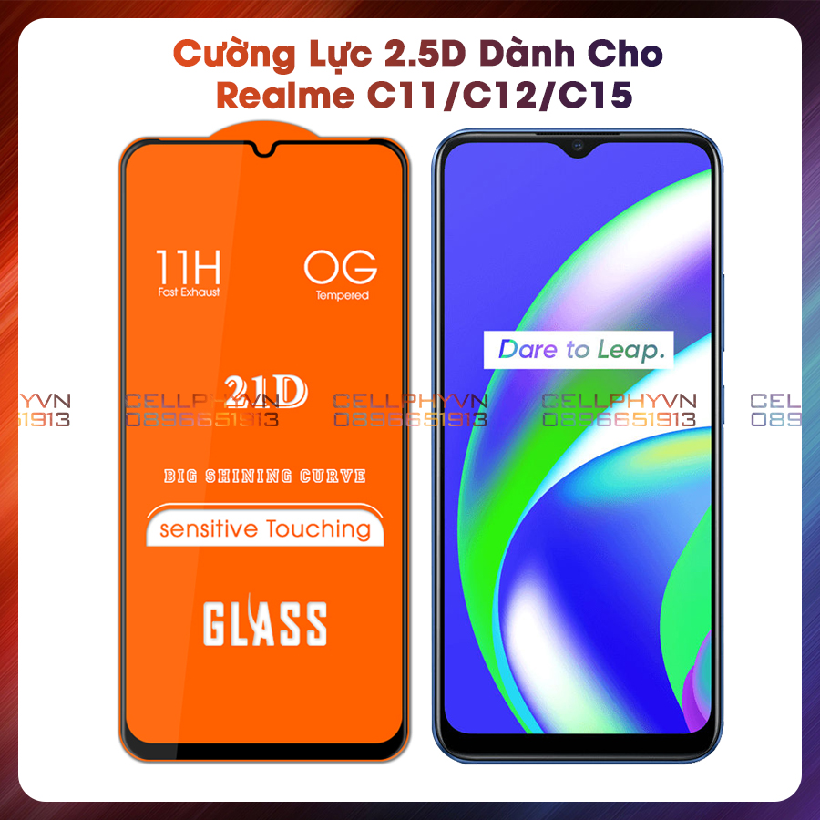 Kính cường lực realme c11 / c12 / c15 full màn hình viền đen 21d