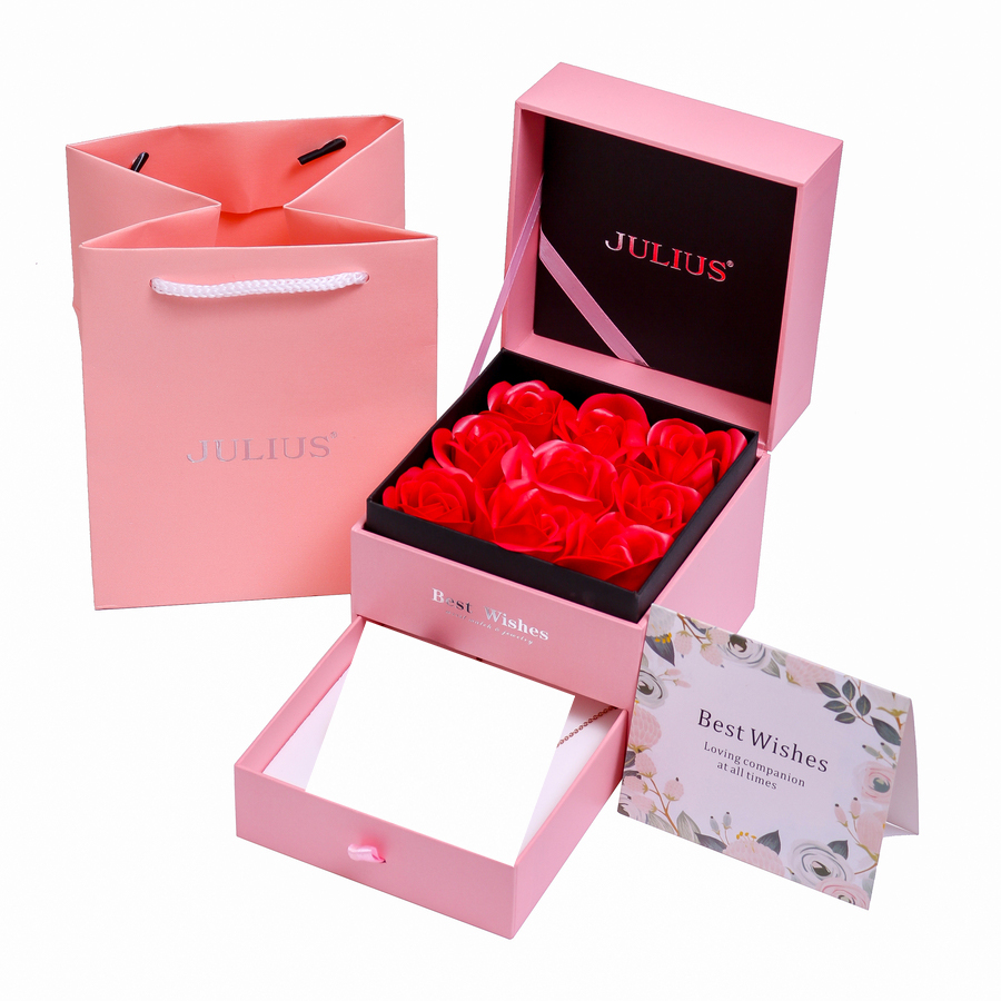 Hộp quà tặng đồng hồ Julius - Hộp quà hoa hồng sáp 2 ngăn có đèn,quà tặng sinh nhật, quà valentine, quà 20/10, quà 8/3
