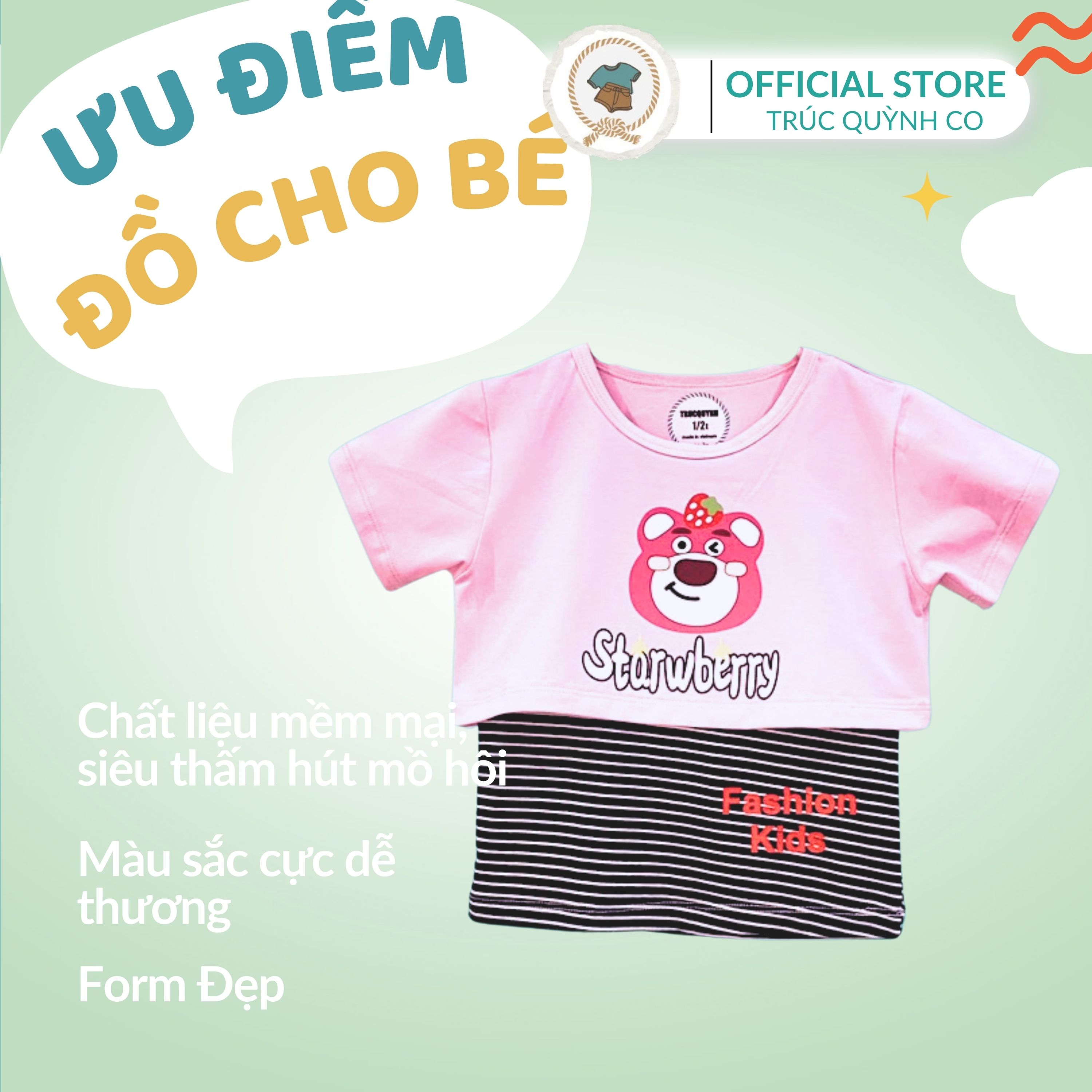 Áo Thun Giá Gẻ, Áo Thun 2 Lớp Hình Gấu Dâu Tây Phù Hợp Mọi Hoạt Động bé 12kg đến 33kg