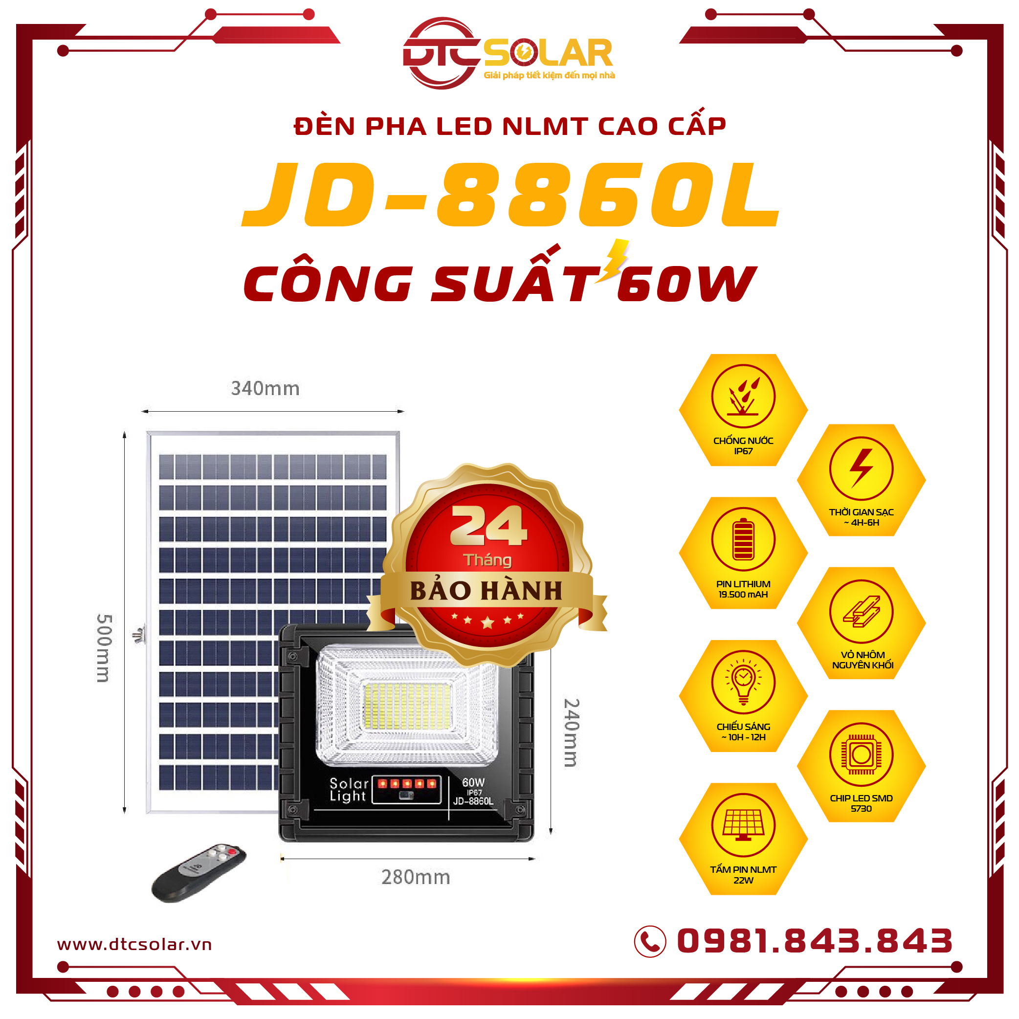 Đèn pha năng lượng mặt trời JINDIAN JD-8860L Solar Light|Bảo hành 24 tháng|