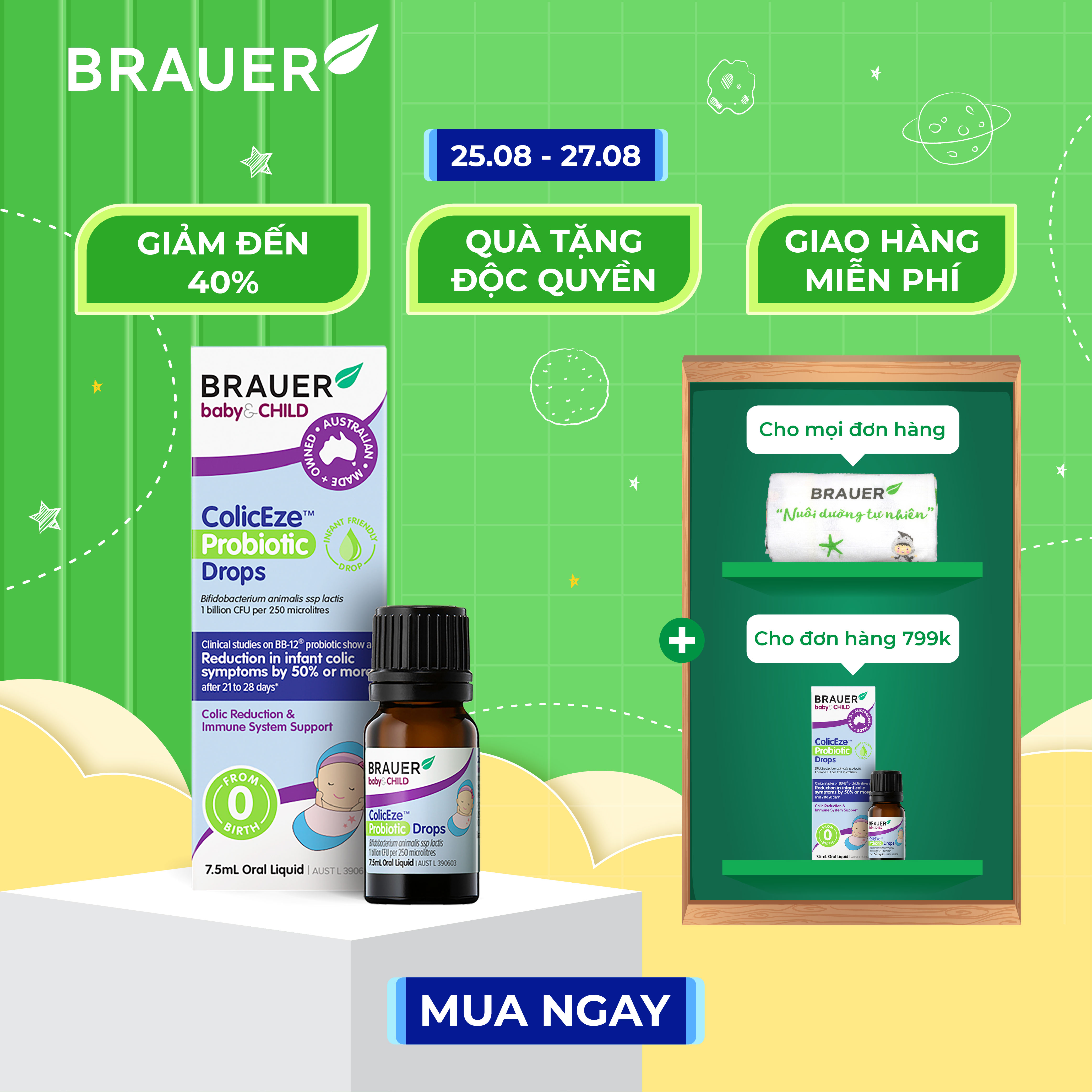 BRAUER Baby & Child ColicEze Probiotic Drops-Men vi sinh dạng lỏng hỗ trợ giảm đau bụng