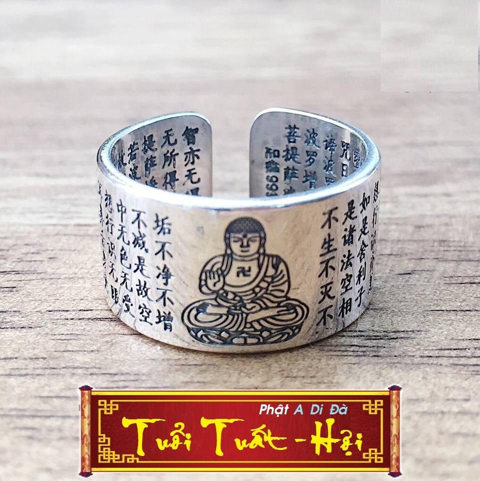Nhẫn bạc nam bát nhã tâm kinh , nhẫn bởi tại tâm khắc phật bản mệnh độ mệnh cho người tuổi Tuất/Hợi - Phật A Di Đà