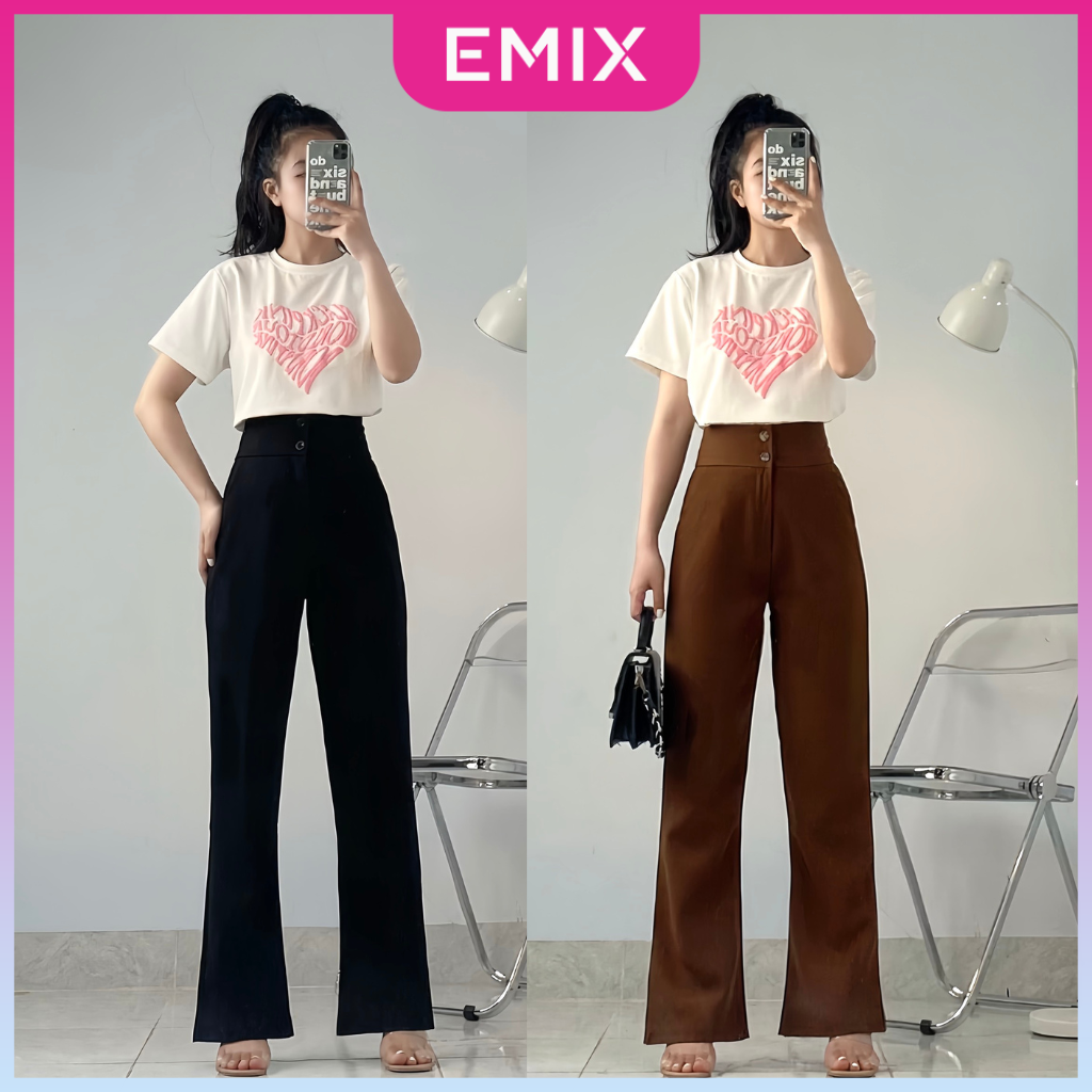 Quần tây nữ ống loe 2 khuy lưng cao 501 EMIX (2 màu), cạp 2 biên 7cm, suông và loe phần dưới, chất tuyết mưa mềm mịn