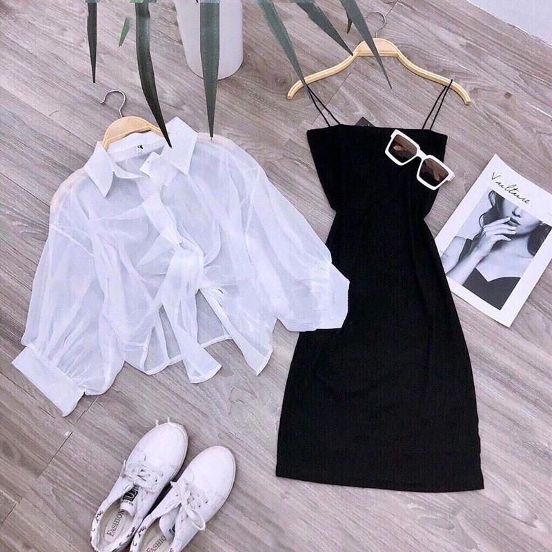 Set đầm 2 dây body kèm áo sơmi voan mỏng thời trang havana dự tiệc công sở chất liệu umi onesize từ 42 - 52kg