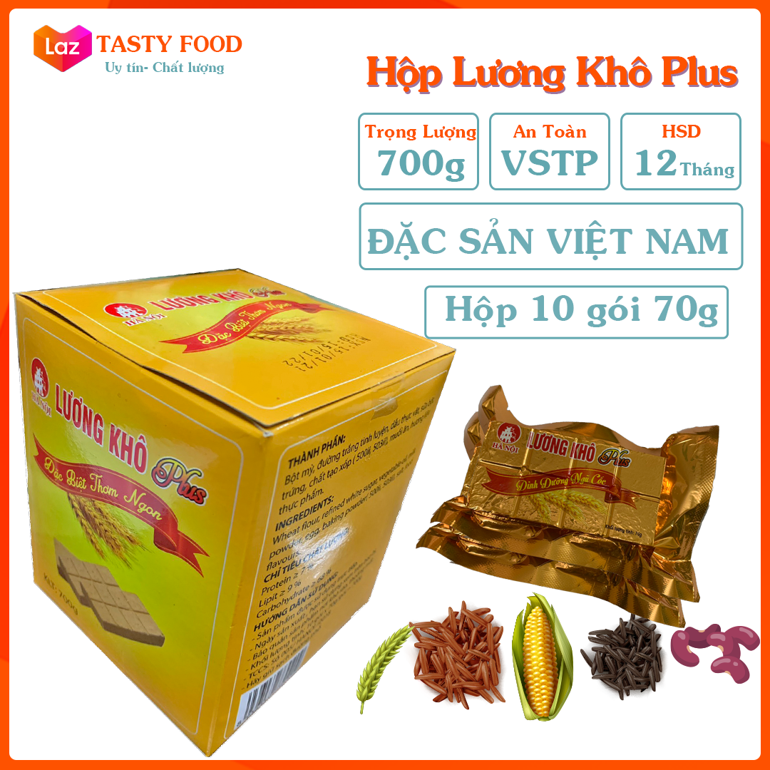 Lương khô hộp 700g (10 thanh), Lương khô Hà Nội Plus Vàng Hộp 700g, Lương khô cao cấp,đồ ăn vặt Tasty Food