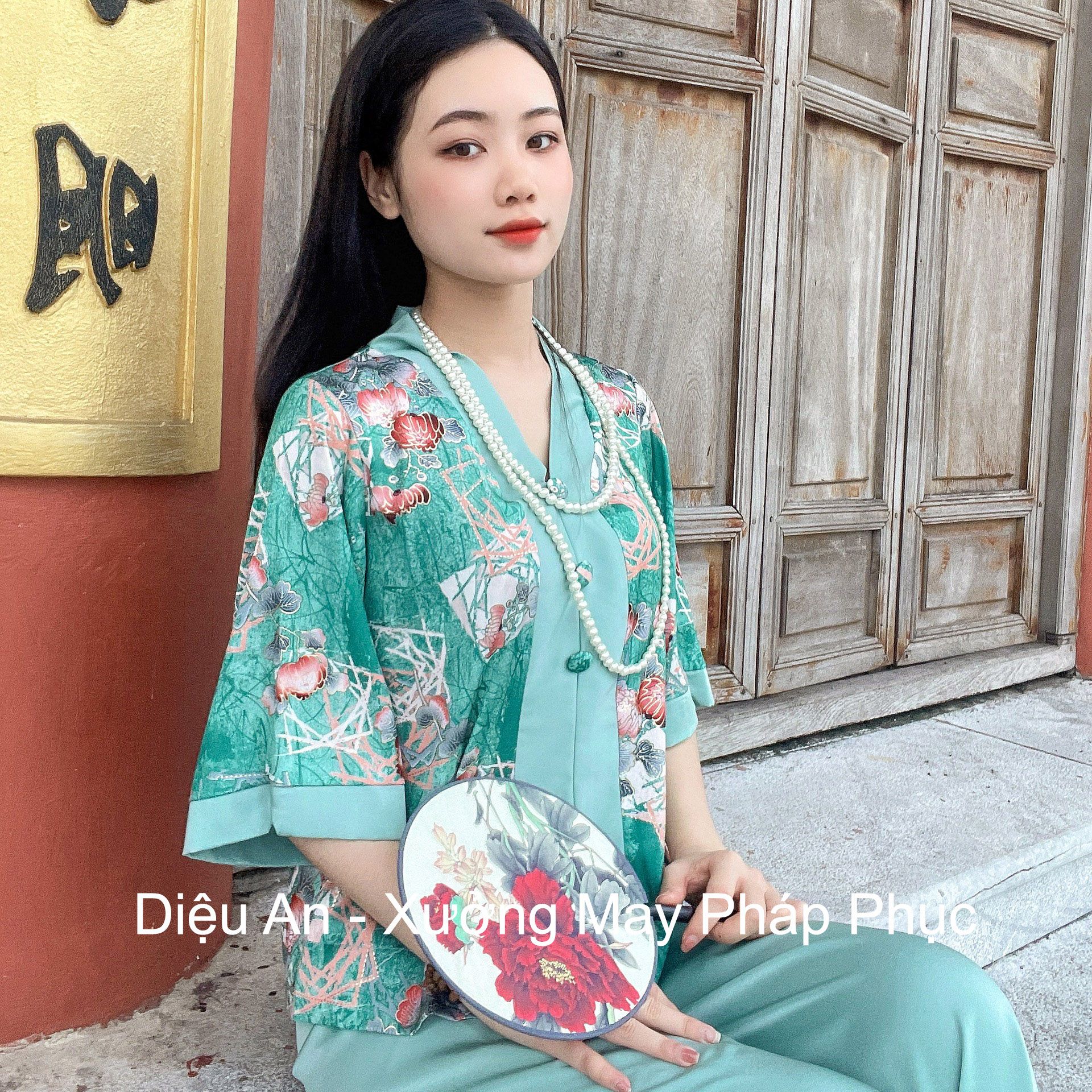Set lụa cao cấp đi lễ chùa màu xanh mint 2 - pháp phục đồ lam