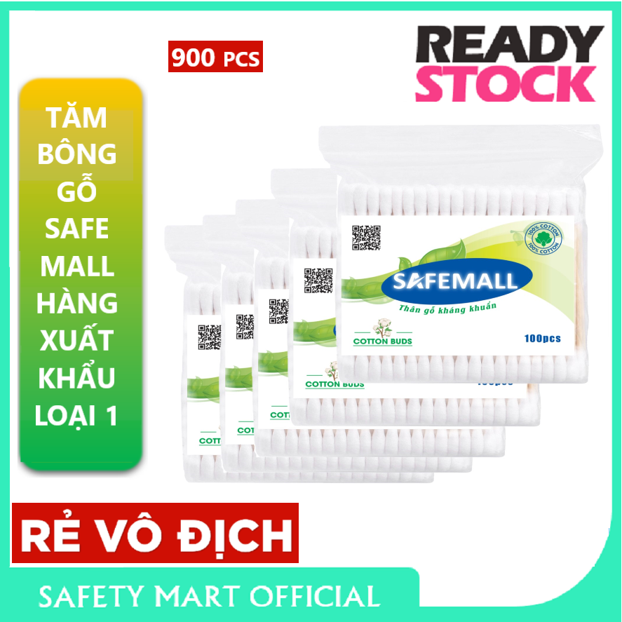Bộ 12 Gói (tổng 1200 cây) Tăm Bông Ngoáy Tai Safemall thân Gỗ cao cấp 100% Natural Cotton  an toàn thân thiện với môi trường đa công dụng - Hàng Việt Nam Xuất Khẩu