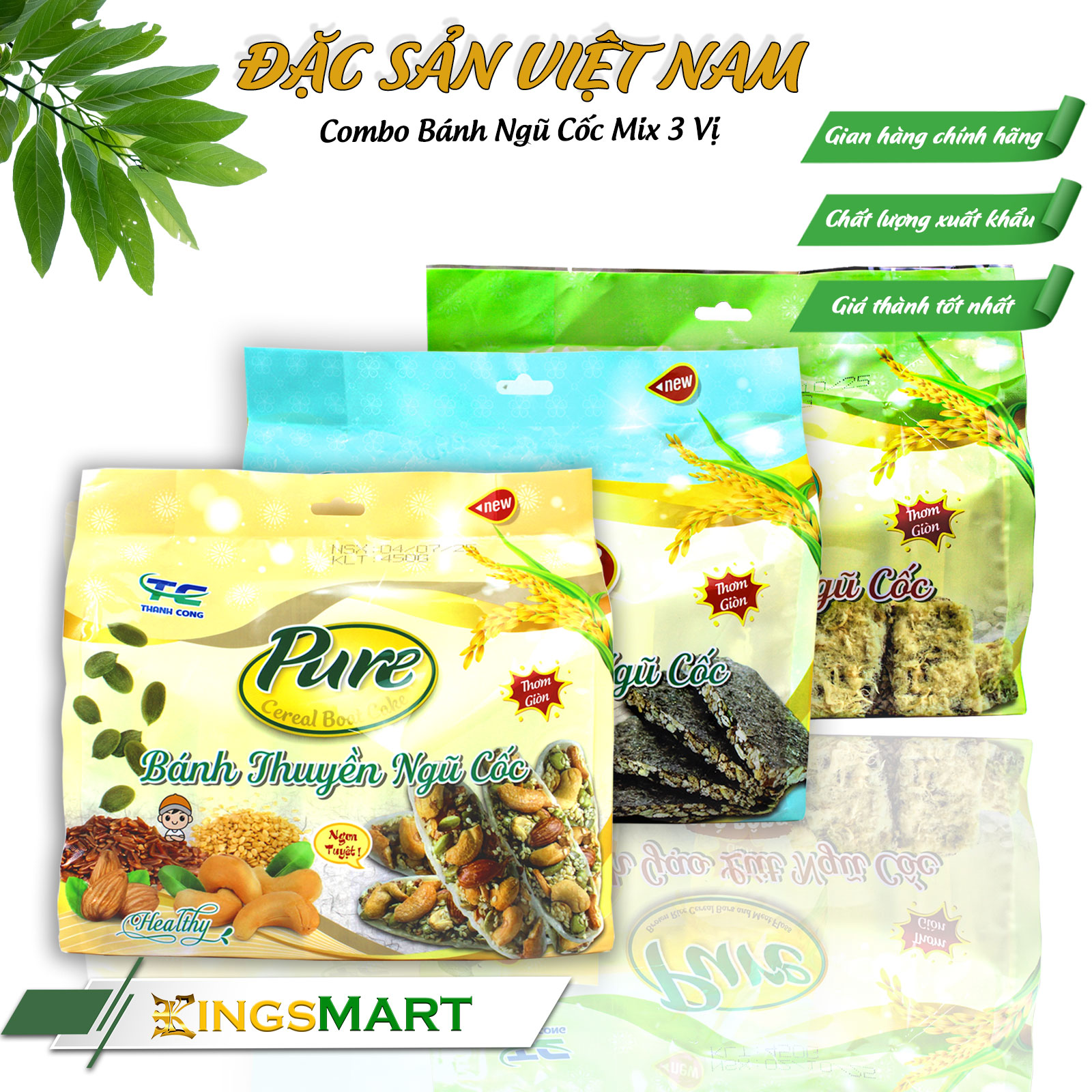 [Siêu tiện lợi] Combo mix thanh ngũ cốc: bánh thuyền, rong biển kẹp, gạo lứt chà bông - Thương hiệu PURE THÀNH CÔNG - Túi 450g