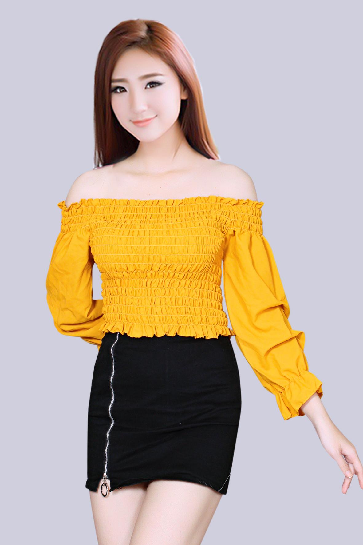 [HCM]Áo Kiểu Nữ  Nhún Tay Cổ Lệch Vai Nhún Bèo Thời Trang  Xuân Hè Av055