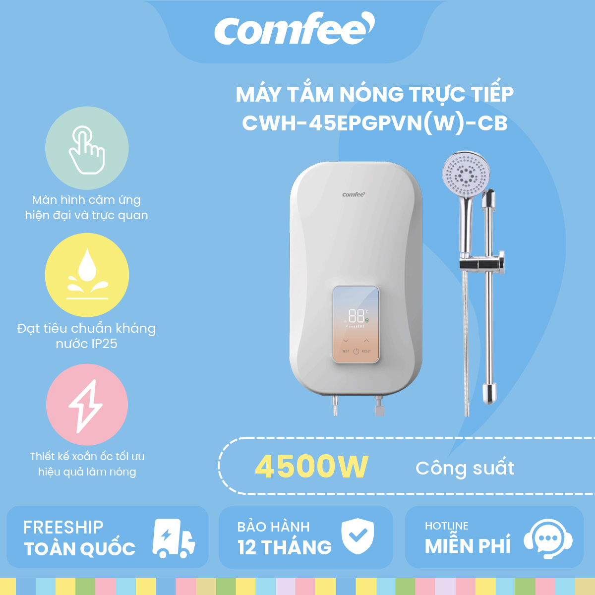 Máy tắm nước nóng trực tiếp COMFEE CWH-45EPGPVN(W)-CB