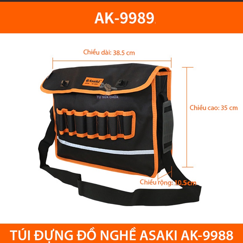 Túi Đựng Dụng Cụ Kĩ Thuật Asaki AK-9989 size 40x11x30cm Túi đựng đồ nghề đeo vai làm từ sợi Polyeste tổng hợp chống vật nhọn đâm thủng túi
