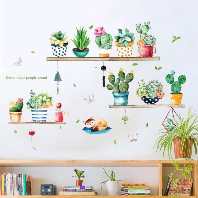 Decal decor tranh dán tưởng xinh mẫu kệ hoa quả chú mèo