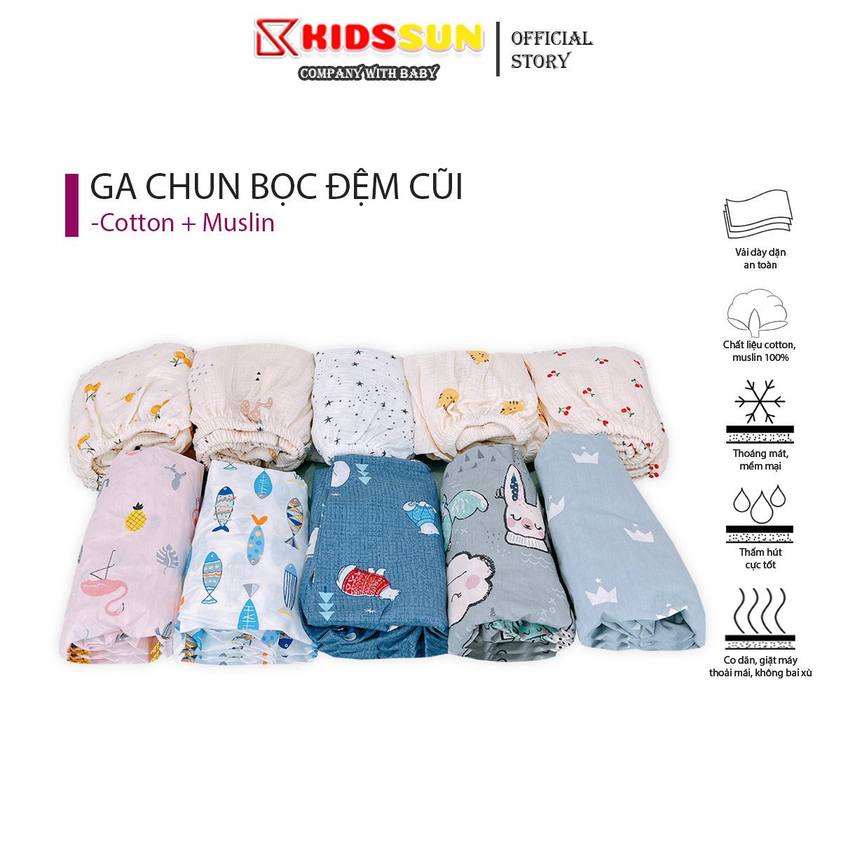 Ga Chun Bọc Đệm / Nệm Cũi Cho Bé KIDSSUN Chất Liệu Cotton  Có Nhiều Màu Sắc Và Kích Thước Bọc Đệm 5cm - 7cm