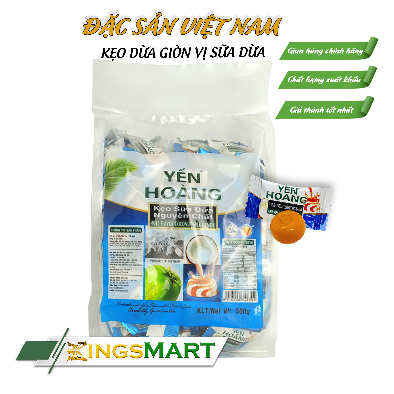 Kẹo dừa giòn vị sữa dừa - Thương hiệu Yến Hoàng - Đặc sản Bến Tre - Túi 500g - Kingsmart