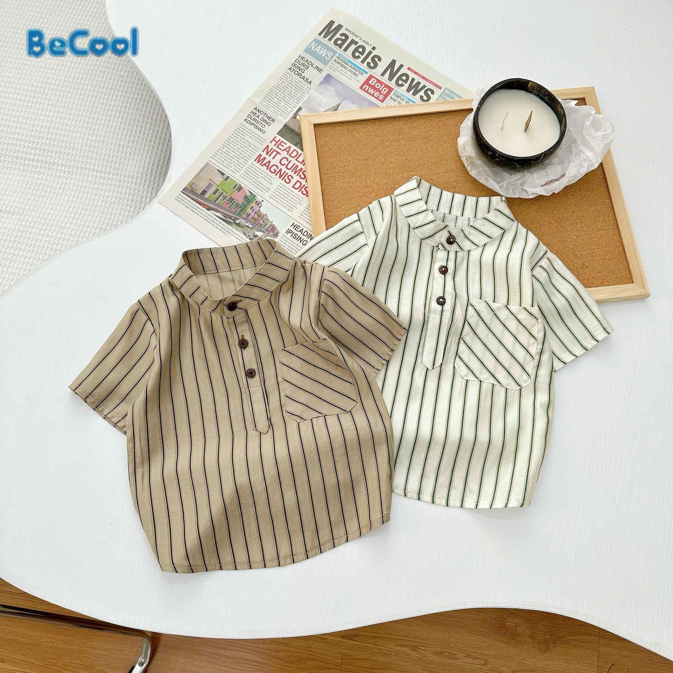  Áo Sơ Mi Kẻ Cổ Trụ Cộc Tay 1 Túi Cho Bé Trai Từ 9-28kg Chất Đũi Cao Cấp Mềm Mát - BECOOL 