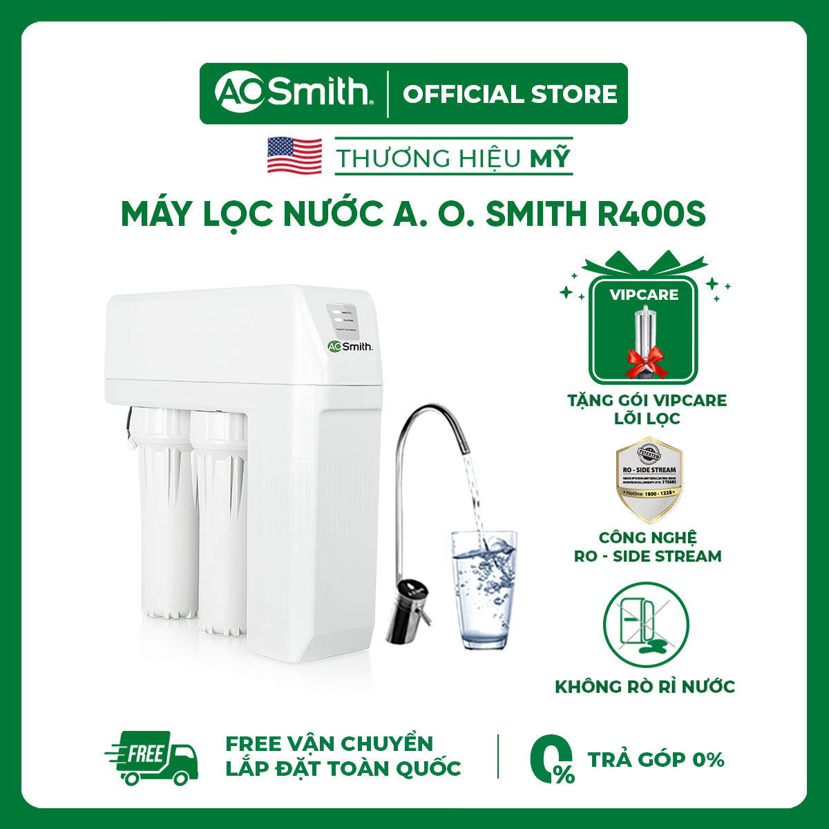 Máy Lọc Nước A. O. Smith R400S Màn hình cảnh báo dạng 2 nút LED - Tặng Gói