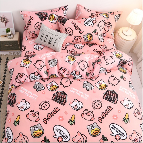 Set Ga Gối bộ ga chun việt nam xuất khẩu 3 Món Cotton Poly Mẫu LỢN HỒNG Siêu Xinh PR029