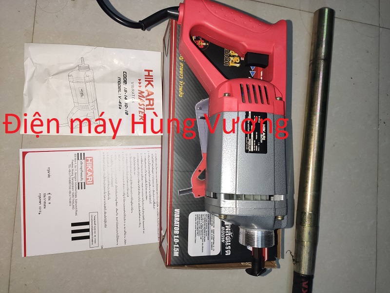 Bộ máy đầm dùi bê tông cầm tay hikari madein tháilan v-45a, 800w, kèm dây dùi 1,2m, động cơ dây đồng chịu nhiệt.