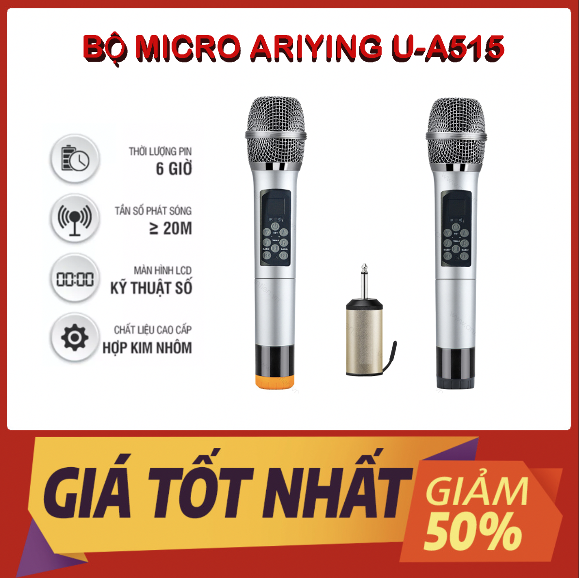 Bộ micro không dây ariying u-a515, thu âm tốt, âm thanh chuyên nghiệp, hát nhẹ, âm thanh ấm, hút âm cao, xử lí âm thanh cực chuẩn, chất liệu nhôm nguyên khối thân mic tích hợp bảng điều chỉnh echo.