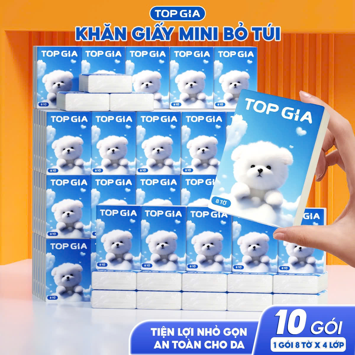 Khăn giấy bỏ túi mini TopGia cao cấp 10 gói 4 lớp dập vân mềm mịn thấm hút tốt an toàn cho da