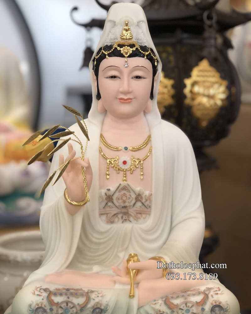 Tượng Quan Âm non nước vẽ gấm xanh bằng poly cao 30cm