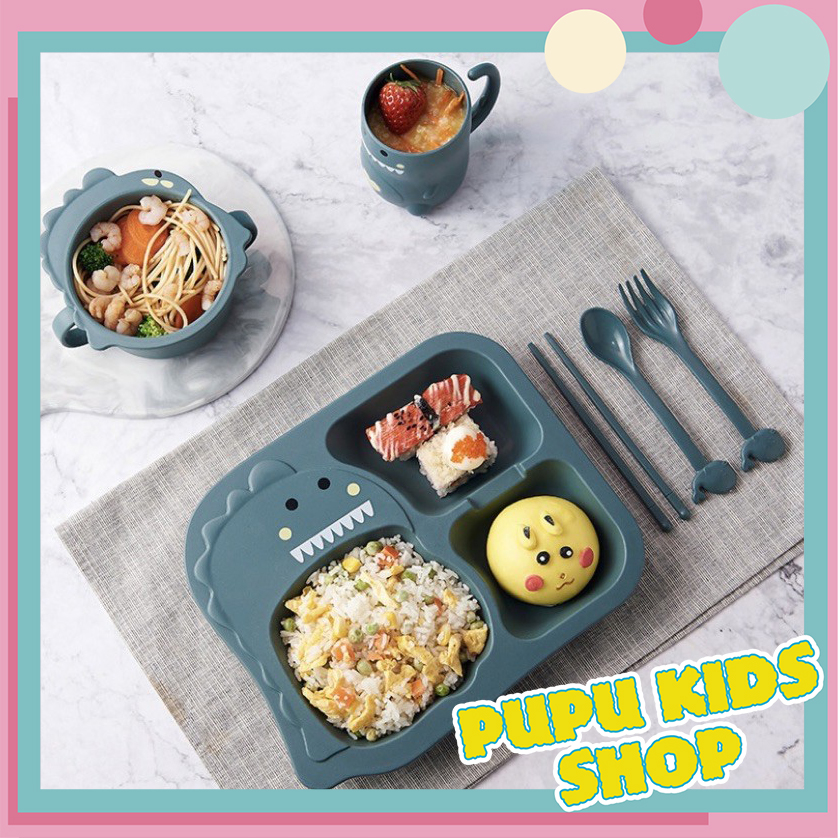 (Tặng thìa, dĩa, đũa) Khay ăn dặm lúa mạch hình khủng long cho bé PUPU KIDS SHOP