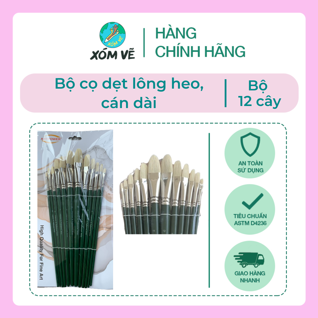 Bộ 12 cây cọ dẹt lông heo cán dài