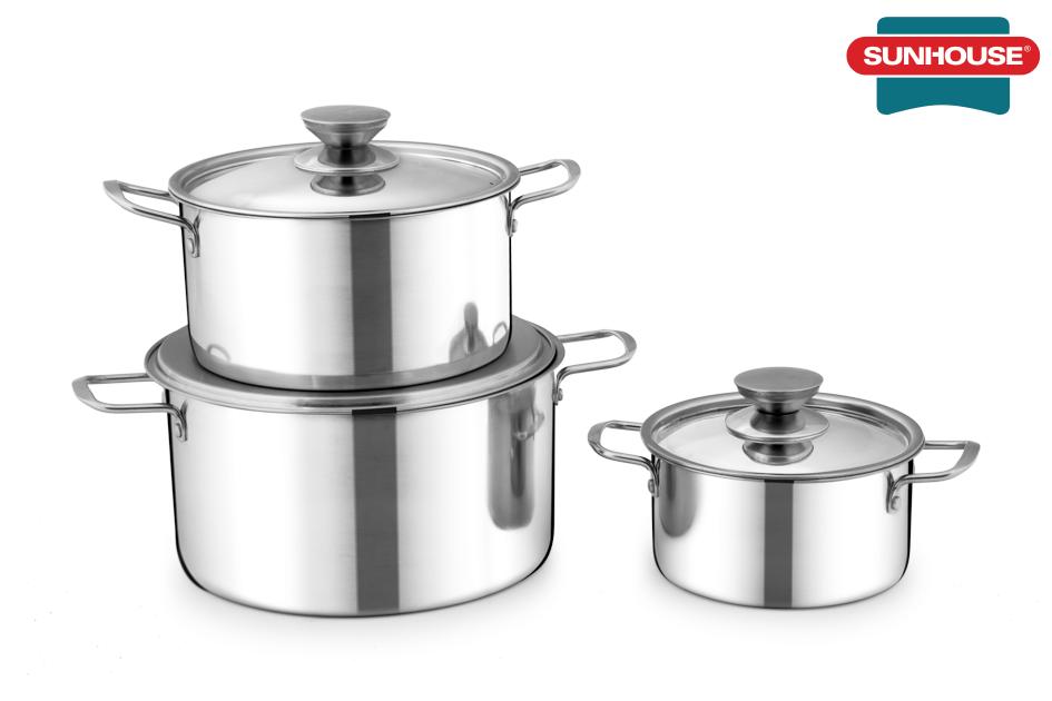 Bộ 3 nồi inox 1 đáy 16-20-24cm sunhouse sh114 – dùng được cho bếp từ