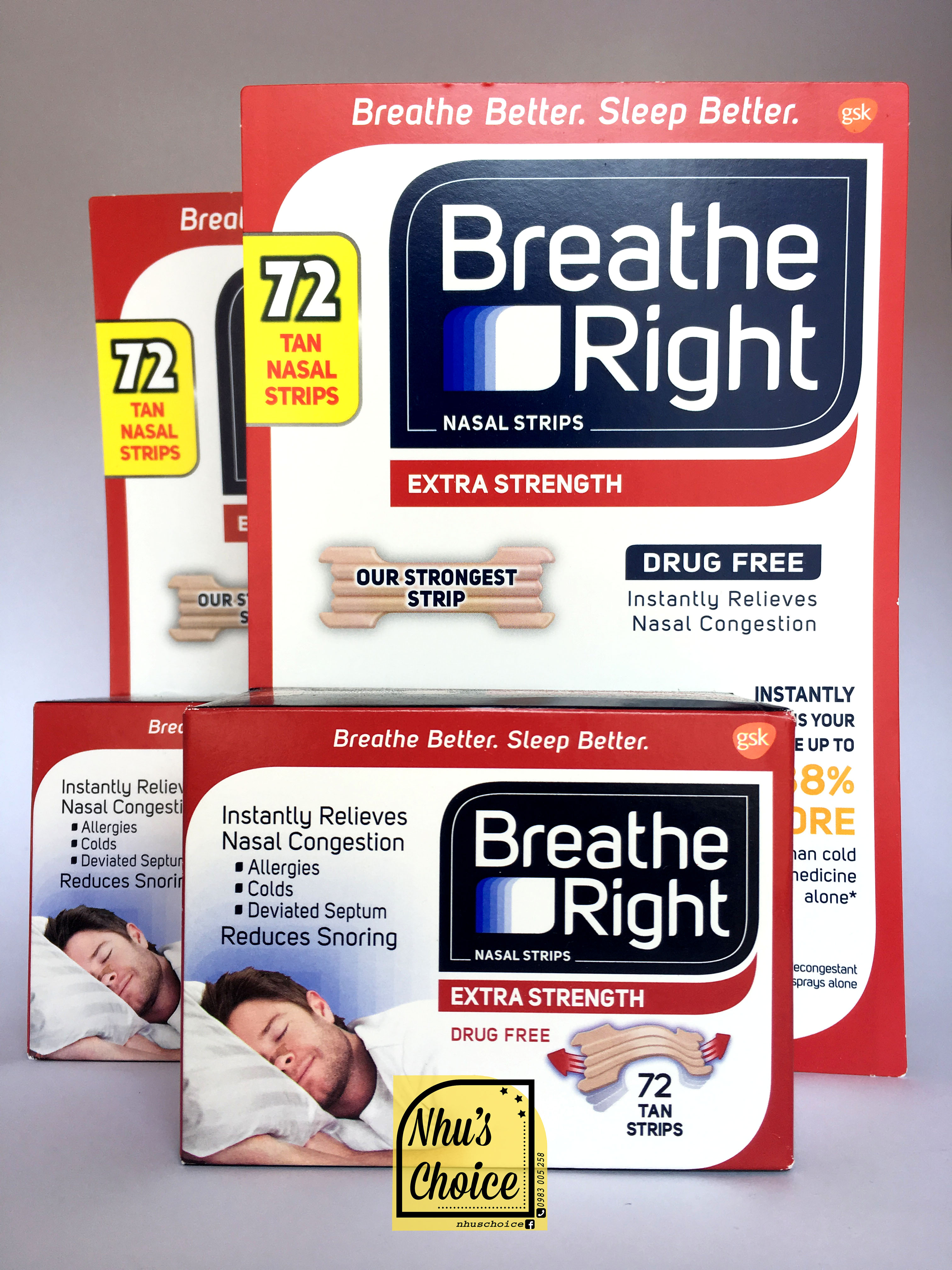 [HCM][Hàng Mỹ Nhus Choice] 1 Hộp (72 miếng) Dán mũi chống ngáy BREATHE RIGHT Extra Strength Tan Nasal Strips to Reduce Snoring and Relieve Nose Congestion Drug-Free