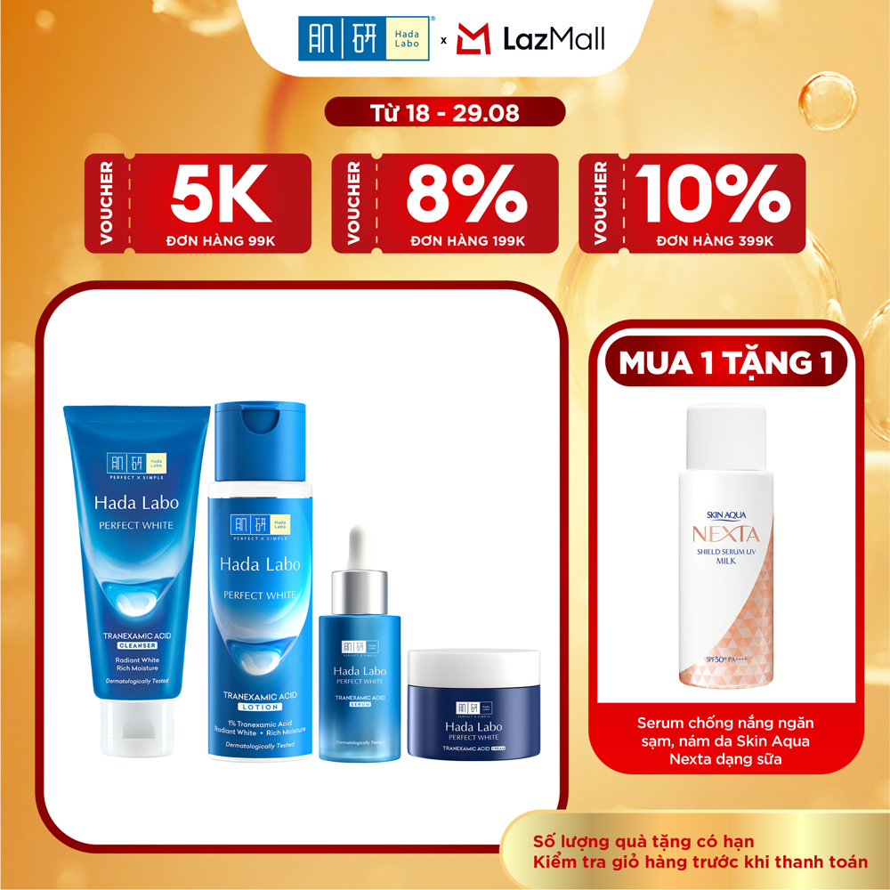 [VB] Bộ dưỡng sáng da tối ưu Hada Labo Perfect White Tranexamic Acid (Sữa rửa mặt 80g + Lotion 170mL + Serum 30mL + Kem dưỡng 50g)